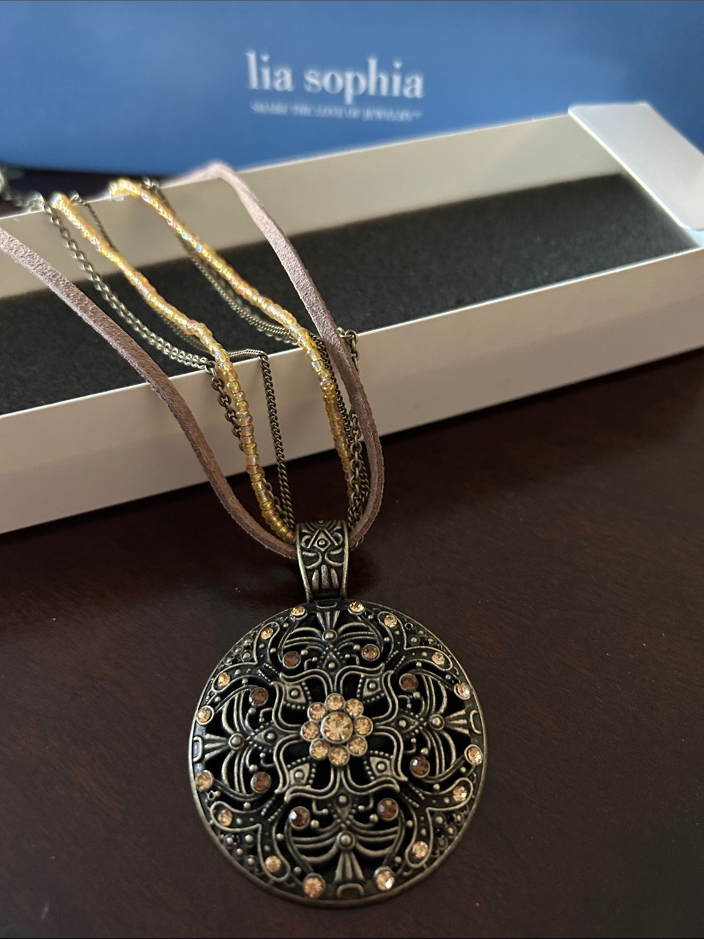 Lia Sophia “Rosette” Bronze Tone Necklace w/Champagne Crystals